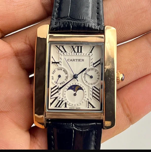 Cartier Tank Day-Date Moon Phase Black Rose Gold Watch
